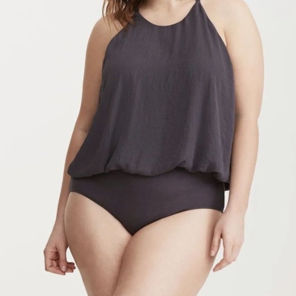 Torrid Dark Grey Blouson Halter Bodysuit Plus‎ Size 2 Layered Snap Sleeveless